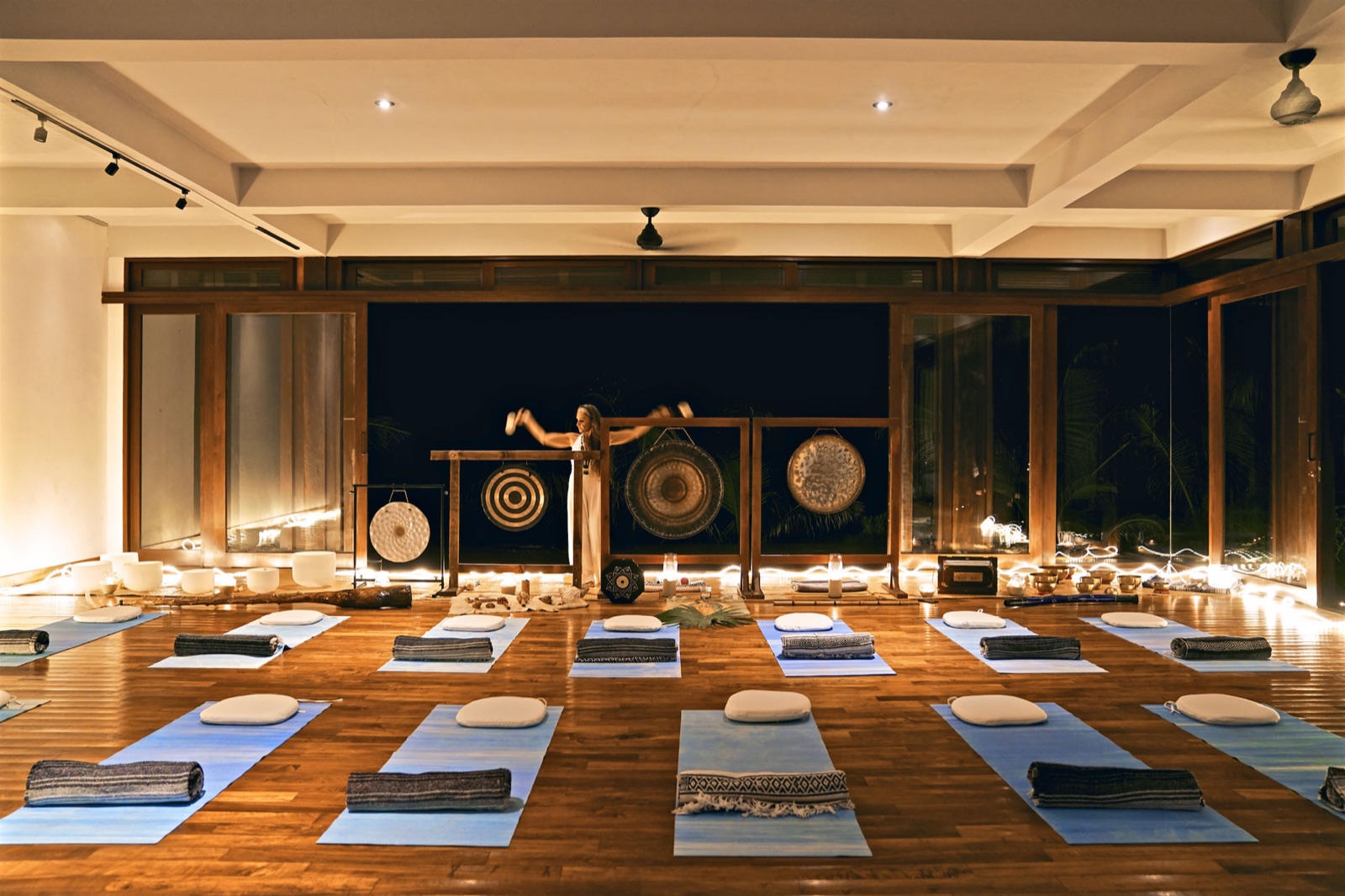 The shala at night, set for sound healing